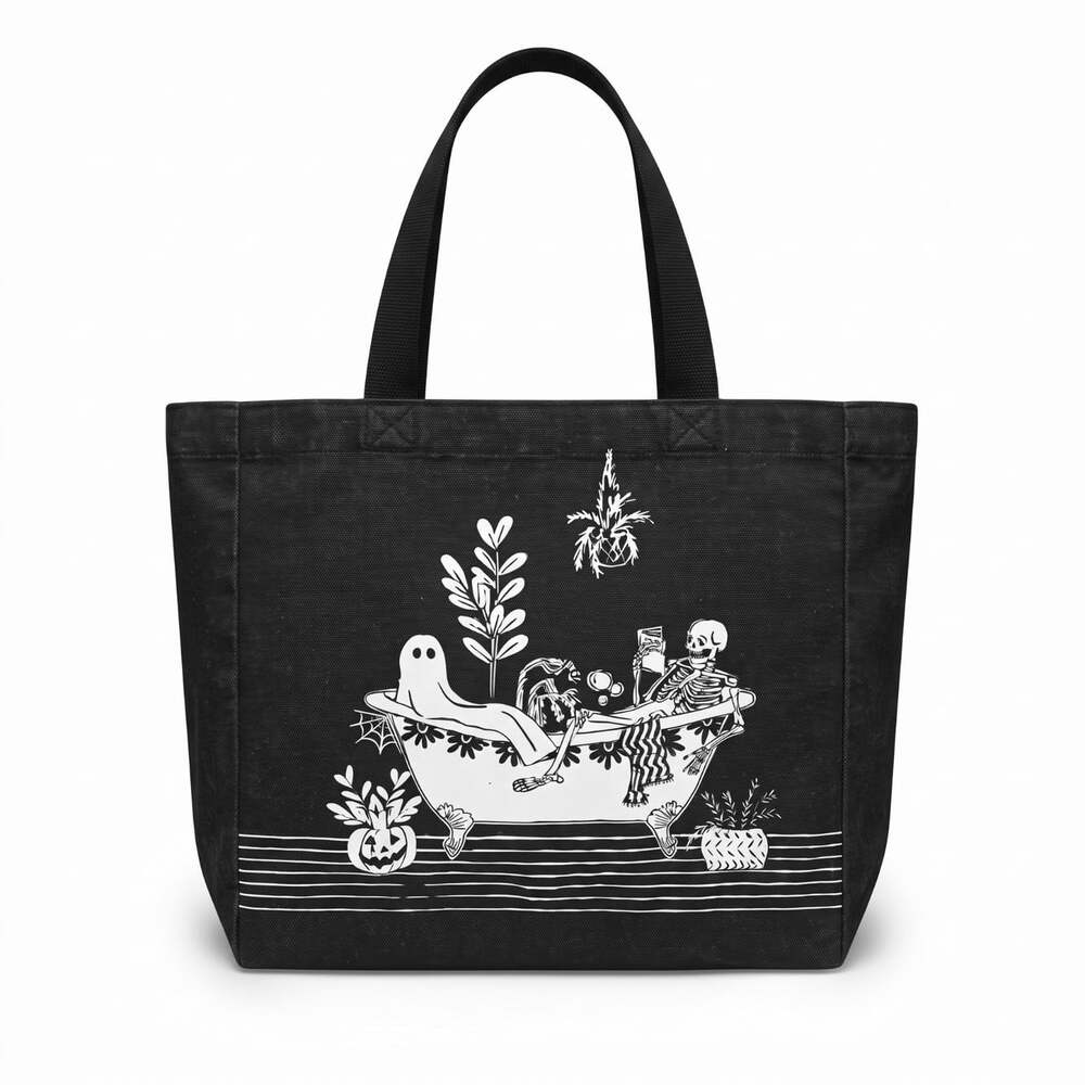 Black Cotton Halloween Tote Bag Skeleton Ghost Bathtub Gothic Spooky Shopper